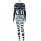 Stand Collar Cutout Print Long Sleeve Hip Lift Bodysuit JP005292