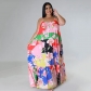 Sexy Off Shoulder Pleated Long Plus Size Women Fashion Print Sling Dress SSN211259