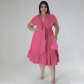 Plus Size Women's Solid Color Lapel Half Cardigan Top Fashion Lace Up Pleated Dress SSN211266