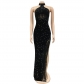 Fashion Women's Sequin Perspective Solid Color Sleeveless Halter Dress C5979