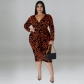 Plus Size Women's Sexy Bag Hip Leopard Print Multicolor Long Sleeve Long Dress MY1006