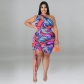 Plus Size Printed One Shoulder Sleeve Sexy Drawstring Hip Dress MY927