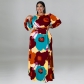 Plus Size Women's Long Sleeve Long Dress Big Flower Print Fashion Dress MY992