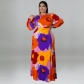 Plus Size Women's Long Sleeve Long Dress Big Flower Print Fashion Dress MY992