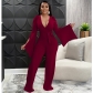 Solid Color Sexy Deep V Tie Ruched Wide Sleeve Trousers Jumpsuit C5863