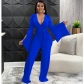 Solid Color Sexy Deep V Tie Ruched Wide Sleeve Trousers Jumpsuit C5863