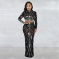 Fashion Women's Clothing Mesh Hot Drilling Perspective Long Sleeve Dress Two Piece Set C6028
