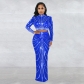 Fashion Women's Clothing Mesh Hot Drilling Perspective Long Sleeve Dress Two Piece Set C6028