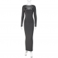 Fashion Solid Color U Neck Long Sleeve Slim Fit Long Dress D279596K