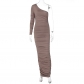 Fashionable One Shoulder Long Sleeve Crinkled Slim Dress D289801K