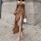 Solid halter neck off-the-shoulder flared-sleeve high-waisted side-opening french dress D22DS329