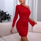 Temperament one-shoulder long-sleeved dress high-definition celebrity party red tight-fitting hip skirt MNDAK1552