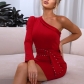 Temperament one-shoulder long-sleeved dress high-definition celebrity party red tight-fitting hip skirt MNDAK1552