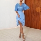 High-end V-Neck Mid-Length Slim Fit Blue Skirt MNDHK936