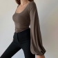 Knitted square neck lantern sleeve long sleeve T-shirt sexy slim casual versatile top XY22054