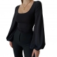 Knitted square neck lantern sleeve long sleeve T-shirt sexy slim casual versatile top XY22054