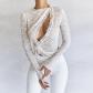 Sexy Spice Lace Fabric Hollow Long Sleeve Top Women's Waist Tie Slim Round Neck T-shirt YJ22370