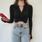 Knitted lapel pleated long sleeve top Autumn women's sexy open navel short slim t-shirt YY22300
