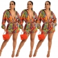 Colorful Irregular Ripple Print Long Sleeve Shirt Lace Up Shorts Beach Two-Piece Set SD2146