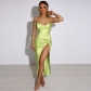Twisted Split Satin Sling Small V-Neck Dress Women's Strapless Backless Midi Dress JY22345
