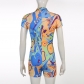 Fashion Women's Irregular Ripple Print Polo Neck Buttoned Slim Fit Hot Girl Short Sleeve Jumpsuit P23317