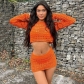 Solid color hollow basic round neck long-sleeved navel top wrap hip skirt suit two-piece set S24460