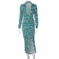 Fashionable temperament polo collar single breasted cardigan gathered waist print dress D279501