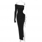One-line neck slanted shoulder one-sleeve open-waist slit midi dress D289854