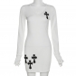 Women's Fashion Solid Color Round Neck Long Sleeve Embroidered Slim Fit Hip Dress K22D19332