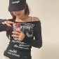 Abstract Letter Print Crew Neck Long Sleeve Slim Fit Bottoming Shirt Top T-Shirt T289705H