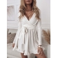 Solid Color Lace-Up V-Neck Long Sleeve Ruffle Dress Women's QX014