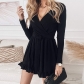 Solid Color Lace-Up V-Neck Long Sleeve Ruffle Dress Women's QX014