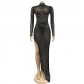 Fashion Women's Solid Mesh Scalded Long Sleeve Dress Dress C6040