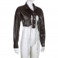 PU suit collar button cardigan long sleeve irregular hem corns chain personality fashion jacket KJ26571