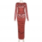 Fashion 3 Butterfly Print Long Sleeve Slim Wrap Hip Dress Set K22S20164