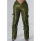 Women's zipper closure strap solid green casual trousers OL6109