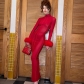 Women's sexy backless stand collar long slim fitting patchwork wool long sleeve dress D289695G