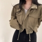 Solid color patchwork pocket loose casual work style lapel lanyard short jacket jacket NW26594
