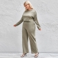 Large Fat Women's Casual Mother Solid Long Sleeve Pullover Top Wide Leg Pants Set P2151