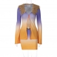 Gradual color printed patchwork wool long sleeve top hip wrap skirt suit S289907G