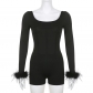 Black tight waist slim square neck backless long sleeve patchwork wool basic one-piece shorts KJ25782