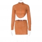 Fashion open navel zipper long sleeve top slim belt skirt suit S289947A