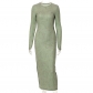 Solid casual round neck long sleeve high waist reverse fitting long dress Y22DS440