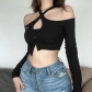 Women's solid slim exposed navel street fashion off shoulder long sleeve T-shirt K22L18387