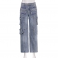 Tie dyed distressed high waist zipper straight tube loose irregular splicing pocket vintage denim trousers KJ28592