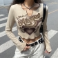 Printed skin color V-neck short long sleeve slim fitting T-shirt Spice Girl street casual versatile top T26913