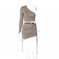 One shoulder open navel top slim side drawstring skirt suit S2810040K