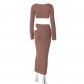 Solid color long sleeve sexy hollow T-shirt high waist skirt two-piece set S2910323W