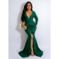 Women's deep V long sleeve pleated smooth bright color mop dress slit evening dress dress LD83156