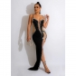 Fashion Women's Solid Hot Diamond Long Dress V-Neck Sleeveless Strap Dress C6039